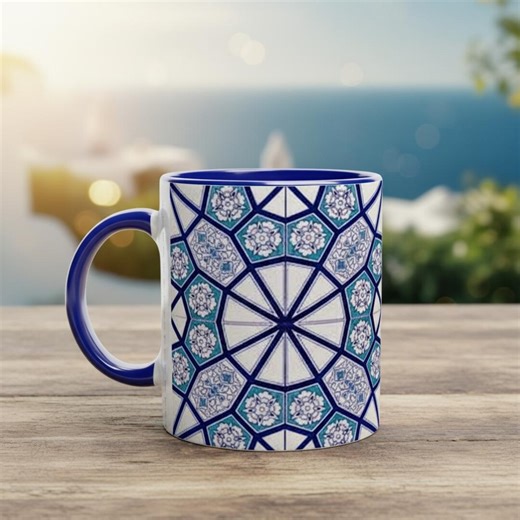 Mediterranean Blue Tile Mug, Portuguese Azulejos Pattern, Floral Geometric Cup, Summer Coastal Decor, 7 Colors Available, Boho Kitchen Gift - Etsy