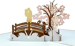 iGifts And Cards 25th Wedding Anniversary 3D Pop-Up Card – Romantic Bridge Scene, Cherry Blossom Tree, Swan Couple – Love & Marriage Keepsake – 4.75 x 7 with Envelope