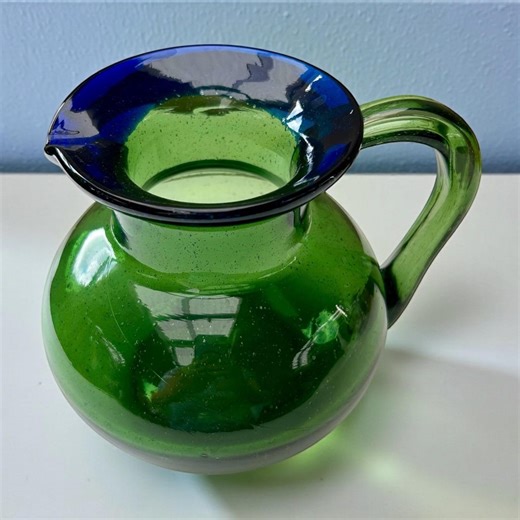 Vintage Green Bubble Glass Pitcher Jug With Blue Rim - Water Carafe Serving Vessel - Etsy