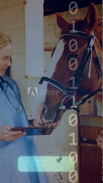Vertical video: Vet tapping tablet in barn with binary code, guiding horse sniffing tablet for exam