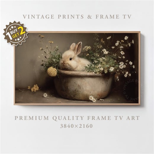 Vintage Easter Bunny Frame TV Art Vintage Oil Painting Rabbit in Rustic Garden Pot With Meadow Flowers Antique Samsung Frame TV Art - Etsy