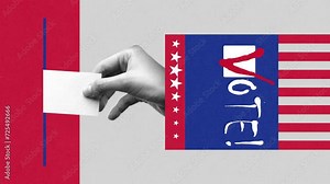 Human hand voting, outing ballot into ballot box. American voting system. Stop motion, animation. Concept of election day, politics, choice, freedom, democracy, human rights. Vertical layout