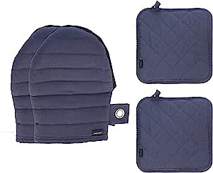 Oven Mitt and Pot Holder 4 Piece Set, Soft Quilted Lining, Pot Holders for Cooking and BBQ, Kitchen Mitt Pot Holders, Includes 2 Soft and Flexible Cooking Mitts and Trivet Mats (Blue)