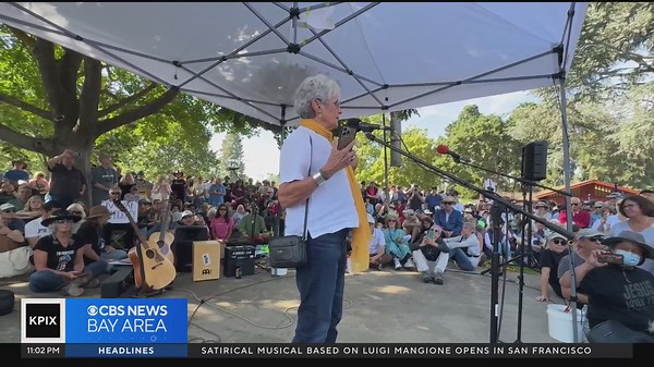 Folk singer, activist Joan Baez takes part in Palo Alto "No Kings" protest