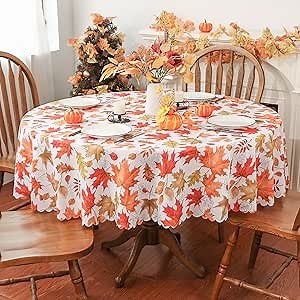 Fall Tablecloth 70x70 Inch Round, Fall Decorations for Home Waterproof Leaves Table Cloths Seasonal Autumn Thanksgiving Decor Scallop Edge Dining Table Cover