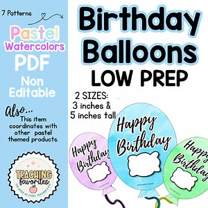 Classroom Birthday Balloons Pastel Watercolors Printable Student Activity PDF