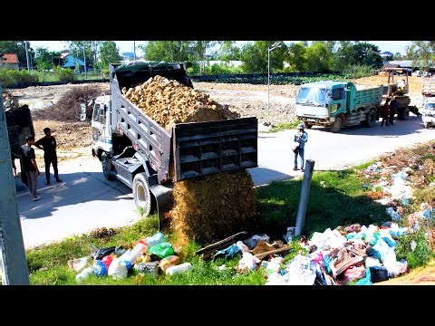 Amazing project bulldozer push stone for cover the trash and remove the tree for fill up the land