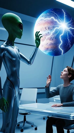 Alien teacher instructs a human student with a hologram of a gas giant.