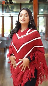 Maroon & White Chevron Pattern Knit Poncho