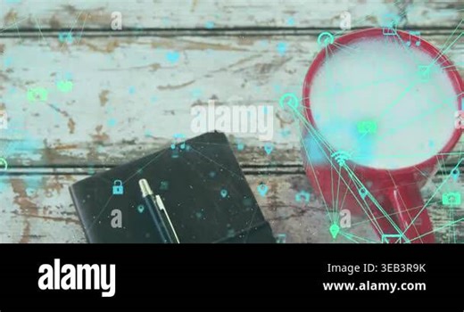 Animation of icons connected with lines over pen on diary and milk in cup on wooden table. Digital composite, multiple exposure, communication, beverage, abstract and drink concept Stock Video Footage - Alamy