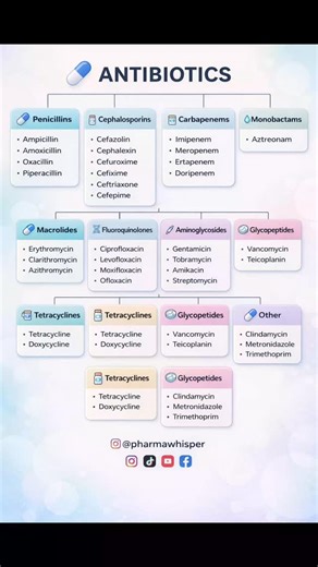 PharmaWhisper on Instagram: "ANTIBIOTICS: Classification Made Simple for Pharmacy & Medical Students Understand antibiotics at a glance with this clean, student-friendly infographic designed for quick learning and fast revision. Perfect for pharmacy, medical, and nursing students, this visual guide neatly categorizes major antibiotic classes with commonly used examples—making it ideal for exams, ward practice, and clinical recall. ✨ Why you’ll love this infographic: ✔️ Clear classification of ma