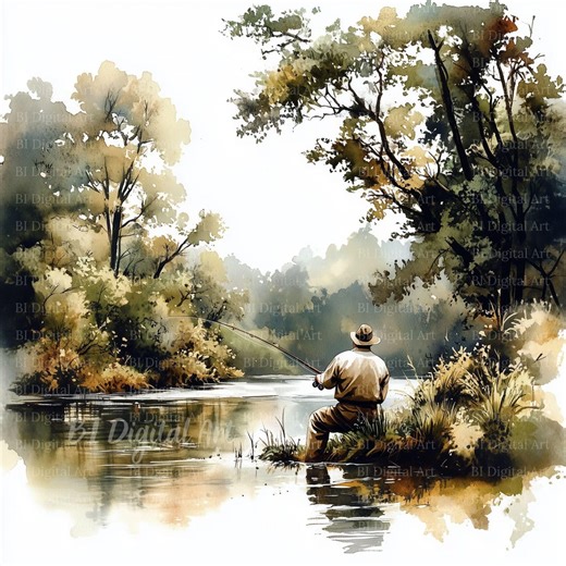 14 Watercolor Fishing Landscape Cliparts – Man Fishing by River & Lake, Nature and Forest Scenes, JPG Digital Download - Etsy