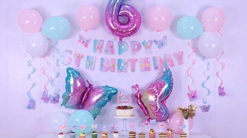 Roetyce 6th Birthday Decorations for Girls, Butterfly Banner Balloons Hanging Siwrls Cake Topper Kit, Gradient Pink Birthday Party Supplies, Butterflies 6 Year Old Bday Decor