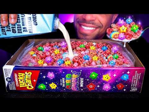 ASMR EATING LUCKY CHARMS OUT OF THE BOX MILK POUR SPOON MOUTH SOUNDS NO TALKING LIFE HACK SUPERMARIO
