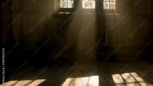 Light streaming through windows creates patterns on the floor in an empty room during the day