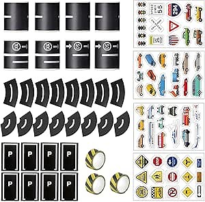 WALWAL Road Railway Tape Set(4 Rolls Road + Speed Limit(2 Rolls 50 & 2 Rolls 100) + 3 Rolls Black Yellow Warning Tape + Curve(8 Pcs Big & 8 Pcs Small) + 8 Pcs Parking Sticker + 4 Pcs Car Sticker)