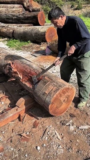 Axe carves thick log into squared timber