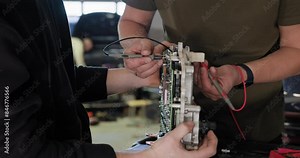 Close-up of mechanics performing maintenance on an electric car engine in a professional auto service station. EV repair concept. Auto Service, Electric vehicle engine maintenance