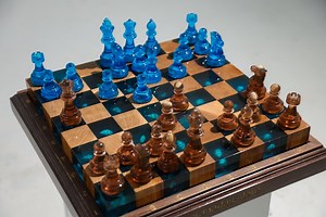 Ocean Epoxy Resin Chess Set: Blue Amber Transparent Pieces, Wood Board - Etsy