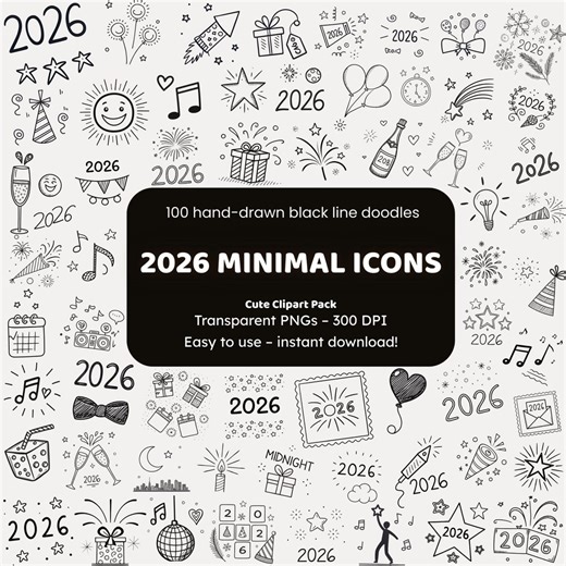 2026 New Year Doodles | Minimal Hand-drawn PNG Clipart (digital Download) - Etsy
