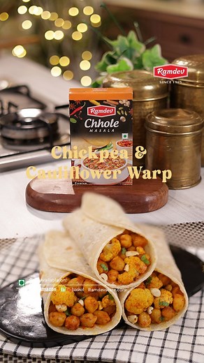 Chickpea & Cauliflower wrap Ingredients:- Ramdev Chole masala 1 tsp Ramdev Turmeric powder 1/2 tsp Ramdev Red chilli powder 1 tsp Ramdev Dhaniya jeera powder 1 tsp Boiled Chickpea 1 cup Boiled cauliflower florets 1 cup Salt as per taste Oil 1 tbsp Tahini Honey chilli sauce - Ramdev Red chilli powder 1 tsp Tahini 2 tbsp Honey 1 tbsp Red chilli flakes 1/2 tsp Lime juice 1 tsp Salt as per taste For wrap - Tortilla as required Roasted peanuts Chopped Coriander Lime juice as required Method:- - heat 