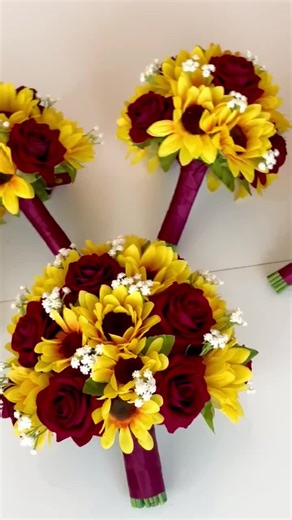 Sunflower & Burgundy Rose Bridal Bouquet With Baby's Breath - Etsy