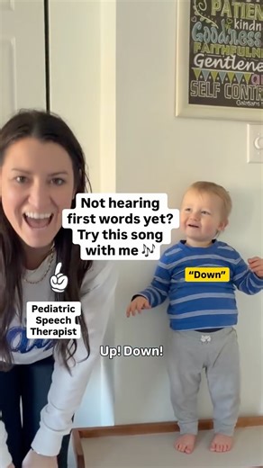 Pediatric Speech Therapist l Toddler Mom on Instagram: "Easy song to work on first words! 🎶 Bonus tip: after singing it a few times… pause and wait. That pause gives your child a chance to finish the phrase. 🎵 Song: Up, down Turn around Touch the sky and touch the ground Wiggle your fingers, wiggle your toes Shrug your shoulders Say hello 👋 👉 Follow for speech therapist–approved tips you can use at home #firstwords #speechtherapytips #languagedevelopment"