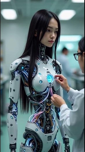 Emotion in Metal: Female Android Examined in Futuristic Lab #robot #aiart