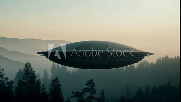 Alien invasion. An alien spaceship hovered over a foggy forest. Massive alien ship floats mysteriously above a fog-shrouded forest, casting shadows below.