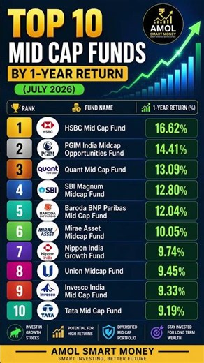 Top 10 Mid Cap Mutual Funds by 1-Year Return (July 2026) | Best Mid Cap Funds to Invest