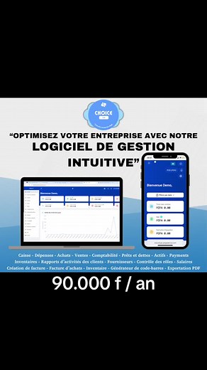 🎯 Simplifiez la gestion de votre entreprise avec notre nouveau logiciel de gestion intuitif ! Chez CHOICE Tech , nous comprenons vos besoins en matière d'efficacité et de précision. Découvrez un outil complet qui révolutionne votre façon de gérer vos opérations au quotidien : ✅ Fonctionnalités clés : 🛠️ Gestion complète : Caisse, Dépenses, Achats, Ventes, et plus encore. 📊 Comptabilité avancée : Prêts et dettes, suivi des actifs, paiements simplifiés. 🧾 Facturation professionnelle : Création