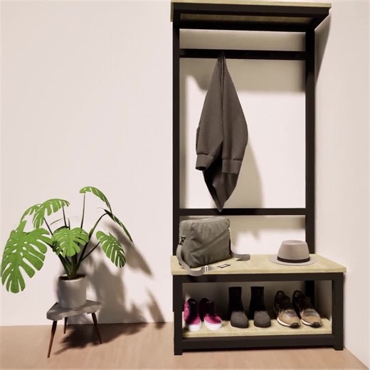 Modern Hall Tree: Pine Wood Coat Rack with Shoe Storage