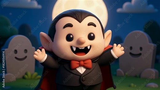 Cute cartoon vampire character in a graveyard at night