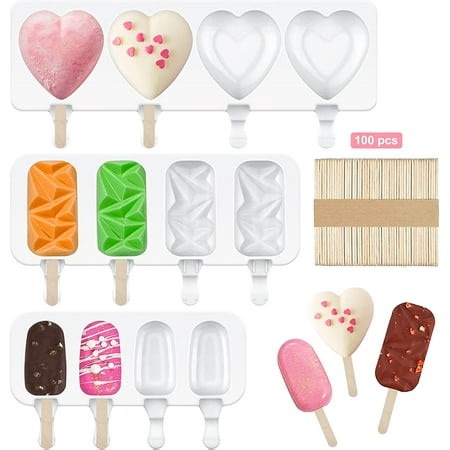 Popsicle Molds Set, 3 Pack 4 Cavities Cake Silicone Mold with 100 Wooden Sticks, Homemade Popsicle Maker Ice Cream Molds Cakesicle Molds for DIY Ice Popsicle (Set 1) - Walmart.ca