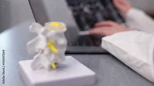 A rehabilitation specialist works diligently at a computer in a modern clinic, analyzing patient data and planning treatments. Ideal for showcasing professional healthcare technology and patient care.