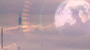 A surreal and futuristic cityscape of Taipei, Taiwan, with a giant, rotating Earth hovering above the clouds. The city skyline is partially obscured by mist and fog, creating a dreamlike atmosphere.