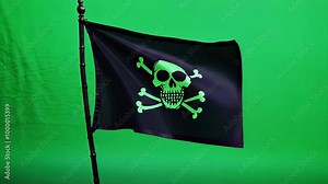 Menacing pirate flag with a green skull and crossbones flutters dramatically on a vibrant green screen, perfect for adding danger and adventure to your projects