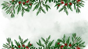 Watercolor fir tree, Christmas and New Year background, hand painted floral design, green leaves, red rowan berries, mistletoe, ecology design, animation, botanical illustration animation