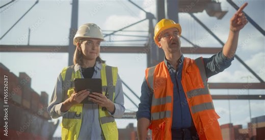 A Male and Female Logistics Team Shipment Coordinate Container Operations at a Port Using a Tablet and Radio. Cranes Loading Cargo Containers. Cargo Shipment Dispatch Freigh Terminal