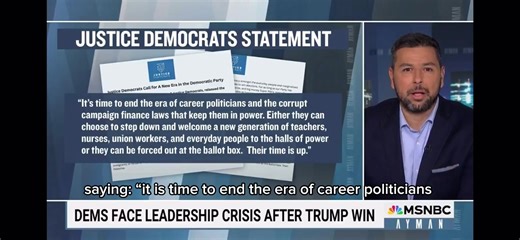 1.1K views · 28 reactions | Ayman, on MSNBC Reports with Ayman Mohyeldin: "The message could not be more clear—Democrats desperately need new leadership...The onus is now on Democrats to act, said Justice Democrats: "It's time to end the era of career politicians and the corrupt campaign finance laws that keep them in power...their time is up." | Justice Democrats | Facebook