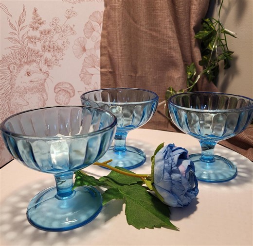 Vintage U.S. Glass “aunt Polly” Sherbet Dishes – Set of Three Blue Depression Glass Footed Desserts - Etsy