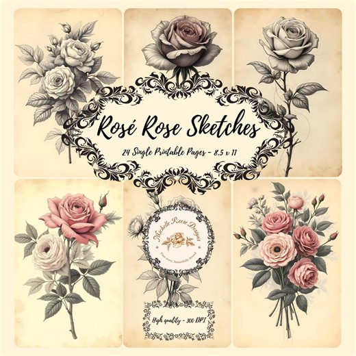 Rosé Rose Sketches Digital Junk Journal Single Pages. - Etsy