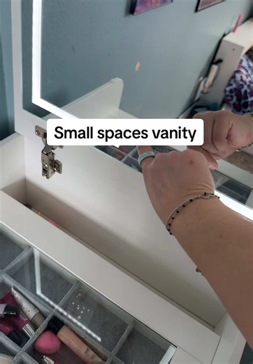 Small space, big glow ✨ compact makeup vanity with LED mirror, hidden storage, and stool—perfect bedroom upgrade for tight spaces #smallvanity #vanitydeskwithdrawers #vanitywithmirror #vanitywithstorage #girlvanity