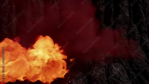 Volcanic eruption with fire and explosion, magma and lava from the crater.