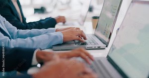 Hands, laptop and business people typing closeup in an office for planning, research or email communication. Computer, finance or accounting with an employee group in the workplace for strategy