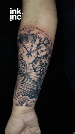 🕰️ Stairway to Heaven Forearm Tattoo | Realistic Clock & Clouds Design ⏳ #tattoo #forearmtattoo