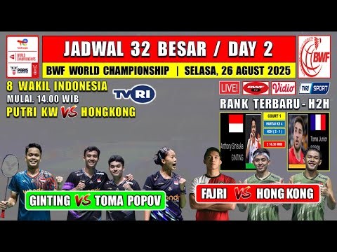 Jadwal BWF World Championship 2025 Hari Ini Day 2 Live TVRI ~ GINTING vs TOMA ~ FAJRI vs HONGKONG