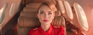 Female flight attendant or stewardess wearing classic red uniform in a retro style airplane. Vintage luxury in first class travel. 4K Video