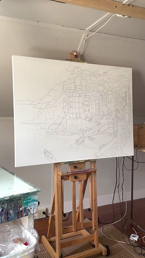 Painting “Riomaggiore at Sunset” - a really fun commission to work on - lots of interesting light, little buildings, and reflections. All good stuff! #artistsoftiktok #painting #italy #artist #learntopaint #acrylicpainting