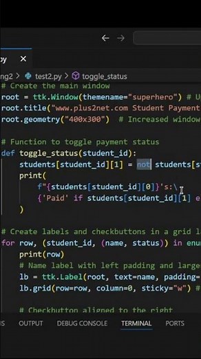 Use of not to toggle status between True or False to manage the Checkbuttons & SQLite database table